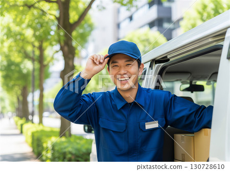 Delivery staff delivering packages with a smile: A delivery service that gives customers peace of mind 130728610