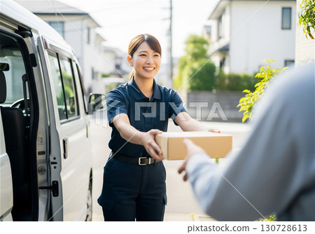 Delivery staff delivering packages with a smile: A delivery service that gives customers peace of mind 130728613