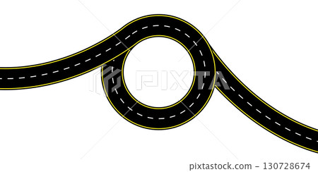 Top view of a long winding highway with dashed center lines and smooth asphalt texture vector illustration. Backgrounds route planning highway icons journey graphics and empty lane transport designs 130728674