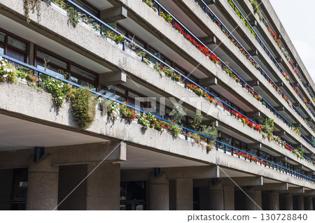 Barbican Estate, London, UK - Brutalist Concrete Terraces with Colorful Balconies and Plants Barbican Estate, London, UK - Brutalist Concrete Terraces with Colorful Balconies and Plants 130728840