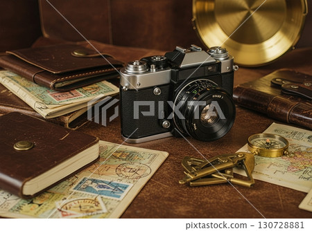 Vintage Camera and Travel Planning Flatlay with Maps, Passport Holders, and Navigation Tools on Leather Surface Vintage Camera and Travel Planning Flatlay with Maps, Passport Holders, and Navigation Tools on Leather Surface 130728881