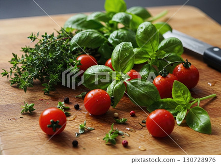 Fresh Herb Garden Harvest Flatlay with Basil Tomatoes Edible Flowers and Gardening Tools on Cutting Board Fresh Herb Garden Harvest Flatlay with Basil Tomatoes Edible Flowers and Gardening Tools on Cutting Board 130728976