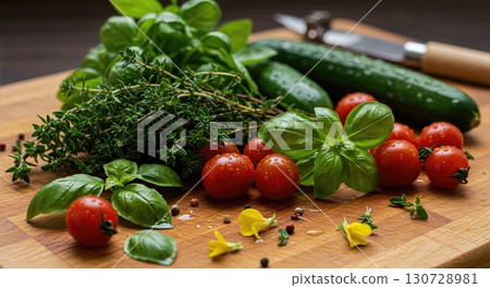 Fresh Herb Garden Harvest Flatlay with Basil Tomatoes Edible Flowers and Gardening Tools on Cutting Board 130728981