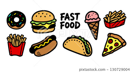 Colorful cartoon-style fast food items including burger, taco, pizza, fries, donut, ice cream, and hot dog on a white background 130729004