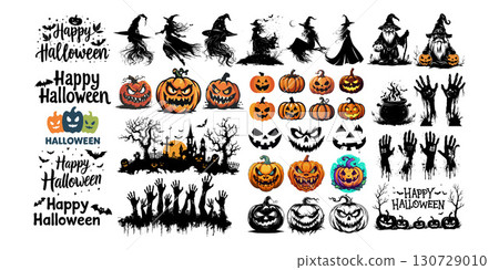Set of Halloween-themed spooky illustrations including witches, pumpkins, haunted trees, creepy hands and monsters on white background 130729010