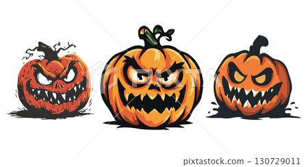 Three angry jack-o'-lantern pumpkins with evil expressions in cartoon style on a white background, concept of Halloween horror and spookiness 130729011