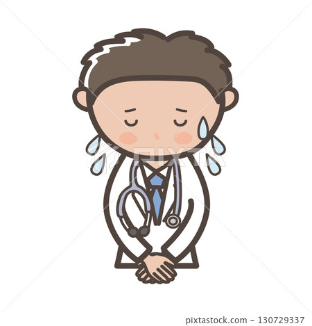 一位男醫生一邊大汗淋漓一邊道歉的上半身插圖 一位男醫生一邊大汗淋漓一邊道歉的上半身插圖 130729337