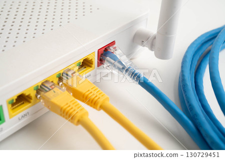 Ethernet cable with wireless router connect to internet service provider network. 130729451