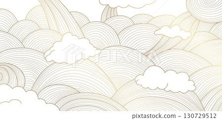 Abstract vector background, soft wavy lines, golden ornaments, flowing oriental patterns, Japanese and Chinese art. Elegant minimal style, luxury design, posters, frames. 130729512