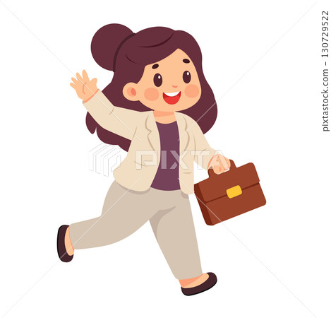 Cartoon Businesswoman Waving with Briefcase 130729522