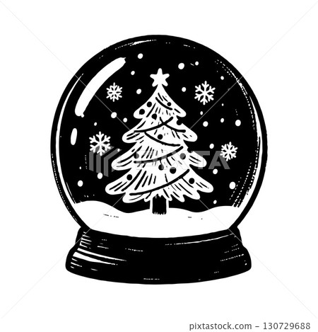 Hand-drawn Christmas snow globe showing decorated tree and snowflakes, in black ink style on white background, holiday and winter concept 130729688