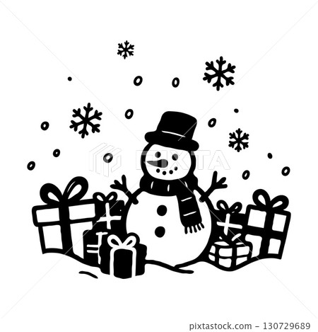 Snowman with scarf and top hat surrounded by wrapped gifts and falling snowflakes, hand-drawn style on white background, celebrating winter joy Snowman with scarf and top hat surrounded by wrapped gifts and falling snowflakes, hand-drawn style on white background, celebrating winter joy 130729689