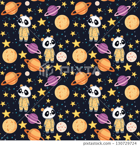 Cute panda in pajamas on the background of dreamy night sky, Cute panda in pajamas on the background of dreamy night sky, 130729724