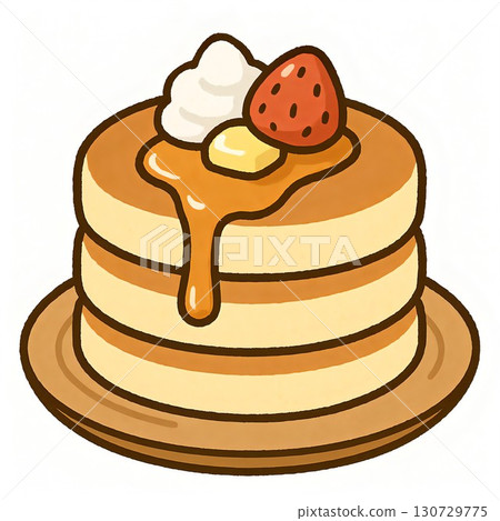 Fluffy pancakes on a wooden plate, hand drawn illustration 130729775