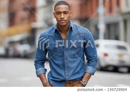 Handsome young man wearing denim shirt walking in city street 130729904