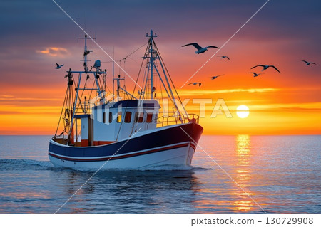 Fishing boat sailing at sunset with seagulls flying above 130729908