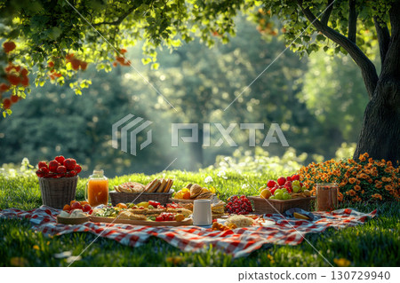 Sunny summer picnic blanket with fresh fruits, juice, and sandwiches under a lush tree. Relaxing outdoor meal spread in a bright green park. Sunny summer picnic blanket with fresh fruits, juice, and sandwiches under a lush tree. Relaxing outdoor meal spread in a bright green park. 130729940