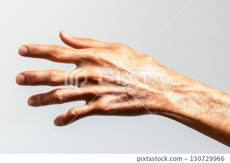 Extended arm and back of a hand with fingers slightly spread. Visible skin texture and prominent veins. Isolated on a neutral light background. 130729966