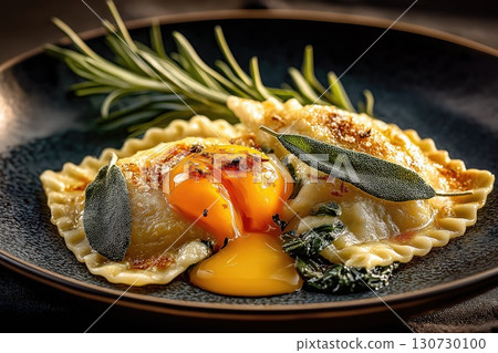 Fried ravioli with egg yolk, spinach, and sage on elegant plate 130730100
