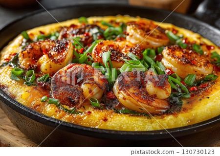 Delicious shrimp and grits with green onions and spices cooking in cast iron skillet 130730123