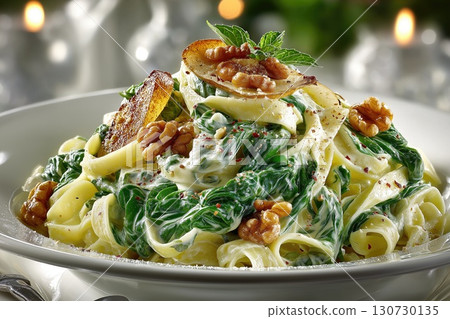 Creamy spinach tagliatelle pasta with walnuts and pears for christmas dinner 130730135