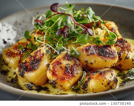 Delicious fried gnocchi topped with fresh herbs and butter sauce Delicious fried gnocchi topped with fresh herbs and butter sauce 130730140