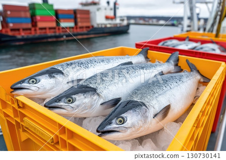 Freshly caught salmon resting on ice in yellow crate at port Freshly caught salmon resting on ice in yellow crate at port 130730141