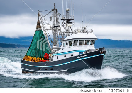 Fishing boat navigating alaskan waters with nets and buoys Fishing boat navigating alaskan waters with nets and buoys 130730146
