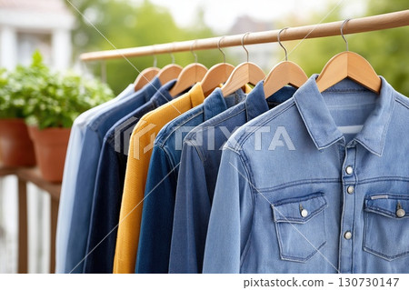 Clothes hanging on wooden hangers on a clothes rack outdoors 130730147