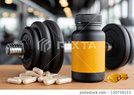 Sports supplements jar, capsules and dumbbell promoting healthy lifestyle in gym 130730153
