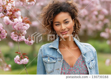 Young woman enjoying springtime in a garden with pink flowers 130730168