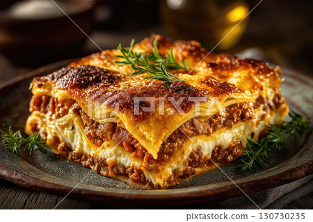 Delicious lasagna bolognese presenting layers of pasta, meat sauce, and bechamel, garnished with rosemary 130730235
