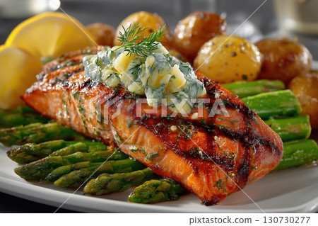 Grilled salmon with potatoes, asparagus and creamy dill sauce Grilled salmon with potatoes, asparagus and creamy dill sauce 130730277