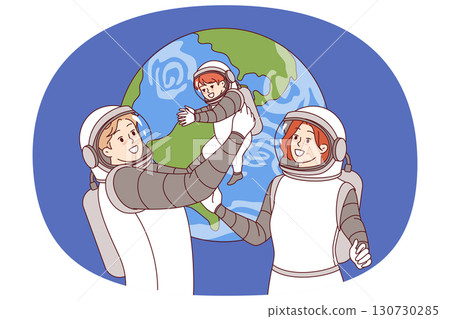 Family of astronauts makes space trip with baby, wearing spacesuits to obtain oxygen in zero gravity 130730285