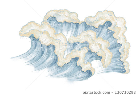 Sea waves with foam hand drawn in watercolor and colored pencil. Design with blue ocean water tide and splash. Great for summer print and seasonal card. Perfect for coastal art and travel theme. Sea waves with foam hand drawn in watercolor and colored pencil. Design with blue ocean water tide and splash. Great for summer print and seasonal card. Perfect for coastal art and travel theme. 130730298