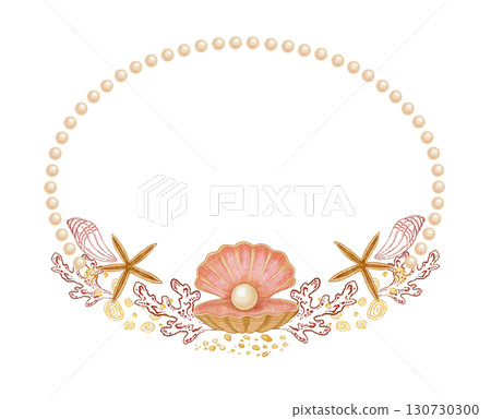 Oval horizontal wreath of pearl and seashell with starfish in watercolor and outline. Hand drawn line art in colored pencil sketch. Great for wedding invitation. Perfect for nautical card template. Oval horizontal wreath of pearl and seashell with starfish in watercolor and outline. Hand drawn line art in colored pencil sketch. Great for wedding invitation. Perfect for nautical card template. 130730300