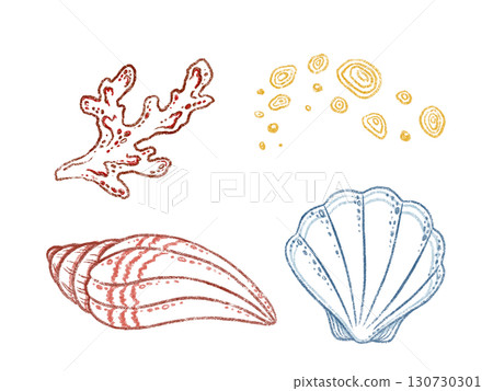 Outline set of seashell with coral and sand in hand drawn line art. Blue and red marine life in colored pencil sketch style. Great for summer card or poster design. Perfect for coastal print artwork. 130730301