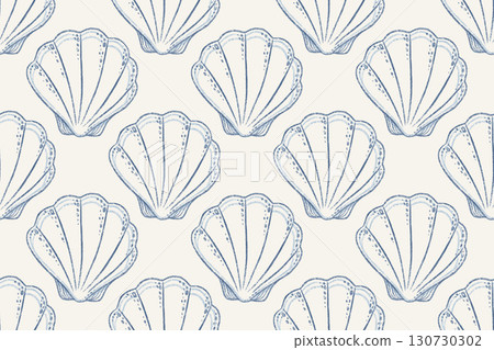 Seamless pattern with outline texture of blue shell on cream background. Hand drawn line art in colored pencil with simple detail. Great for fabric or wallpaper. Perfect for nautical print design. Seamless pattern with outline texture of blue shell on cream background. Hand drawn line art in colored pencil with simple detail. Great for fabric or wallpaper. Perfect for nautical print design. 130730302