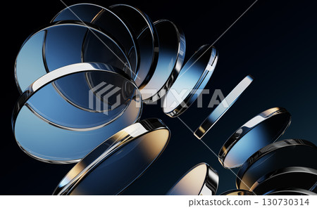 Abstract dark 3d background with neon glass circle disc and blue brown gradient. Circular ring motion effect of crystal round disks, holographic transparent lens. Digital tech banner. 3D illustration Abstract dark 3d background with neon glass circle disc and blue brown gradient. Circular ring motion effect of crystal round disks, holographic transparent lens. Digital tech banner. 3D illustration 130730314