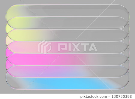 Glass transparent frames with rainbow color gradient and overlay effect on gray 3d background. Crystal buttons, neon horizontal rectangle banners with glow rounded edges overlapping. 3D illustration Glass transparent frames with rainbow color gradient and overlay effect on gray 3d background. Crystal buttons, neon horizontal rectangle banners with glow rounded edges overlapping. 3D illustration 130730398