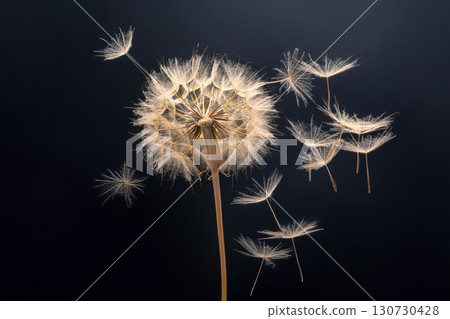 dandelion seeds fly from a flower on a dark blue background. botany and bloom growth propagation. 130730428