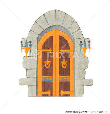 Medieval arched wooden door with orange frame, stone wall and torches on sides. Watercolor illustration. Suitable for fantasy themes, postcards, posters, educational materials, architectural design. Medieval arched wooden door with orange frame, stone wall and torches on sides. Watercolor illustration. Suitable for fantasy themes, postcards, posters, educational materials, architectural design. 130730502