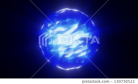 right blue faceted sphere glowing with radiant energy, casting light beams in a dark futuristic space 130730522