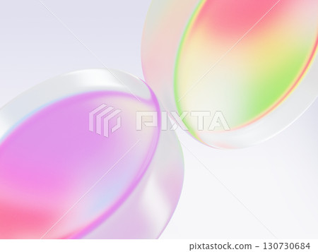 Abstract 3d background with holographic glass morphism circle discs. Iridescent gradient purple red green plastic round disks. Geometric diagonal pattern, rainbow color lens closeup. 3D illustration 130730684