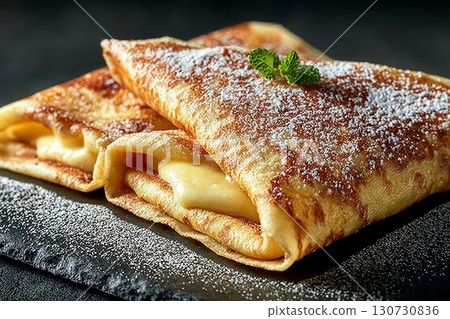 Delicious Crepes Garnished with Mint Sprigs and Powdered Sugar on Slate Serving Surface Top View. 130730836