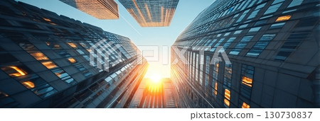 Golden Urban Dawn A Breathtaking View of Tall Financial District Buildings Illuminated by Sunrise Golden Urban Dawn A Breathtaking View of Tall Financial District Buildings Illuminated by Sunrise 130730837