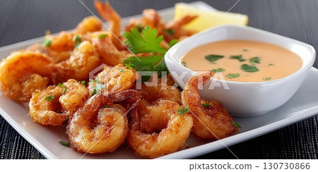 Aromatic Fried Shrimp Tempura Platter Served with Creamy Dipping Sauce for Seafood Lovers Delight 130730866
