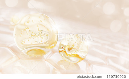 Golden gel serum drops on skin cells. Epidermis layer with gold moisture lotion or spa oil bubbles. Cosmetic beauty care product 3d bg. Collagen cream, hyaluron essence or liquid soap. 3D illustration Golden gel serum drops on skin cells. Epidermis layer with gold moisture lotion or spa oil bubbles. Cosmetic beauty care product 3d bg. Collagen cream, hyaluron essence or liquid soap. 3D illustration 130730920
