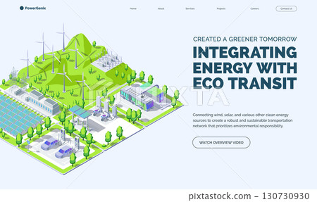 Cartoon Color Created a Greener Tomorrow Integrating Energy with Eco Transit Concept Banner 3d Isometric View. Vector illustration 130730930