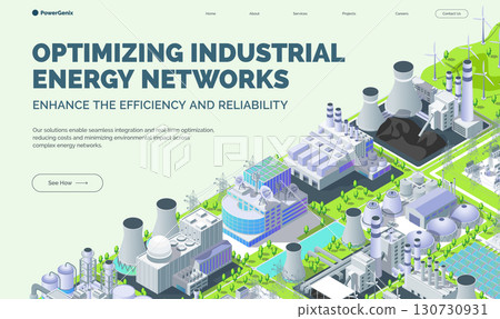 Cartoon Color Optimizing Industrial Energy Networks Enhance Efficiency and Reliability Concept Banner 3d Isometric View. Vector illustration Cartoon Color Optimizing Industrial Energy Networks Enhance Efficiency and Reliability Concept Banner 3d Isometric View. Vector illustration 130730931